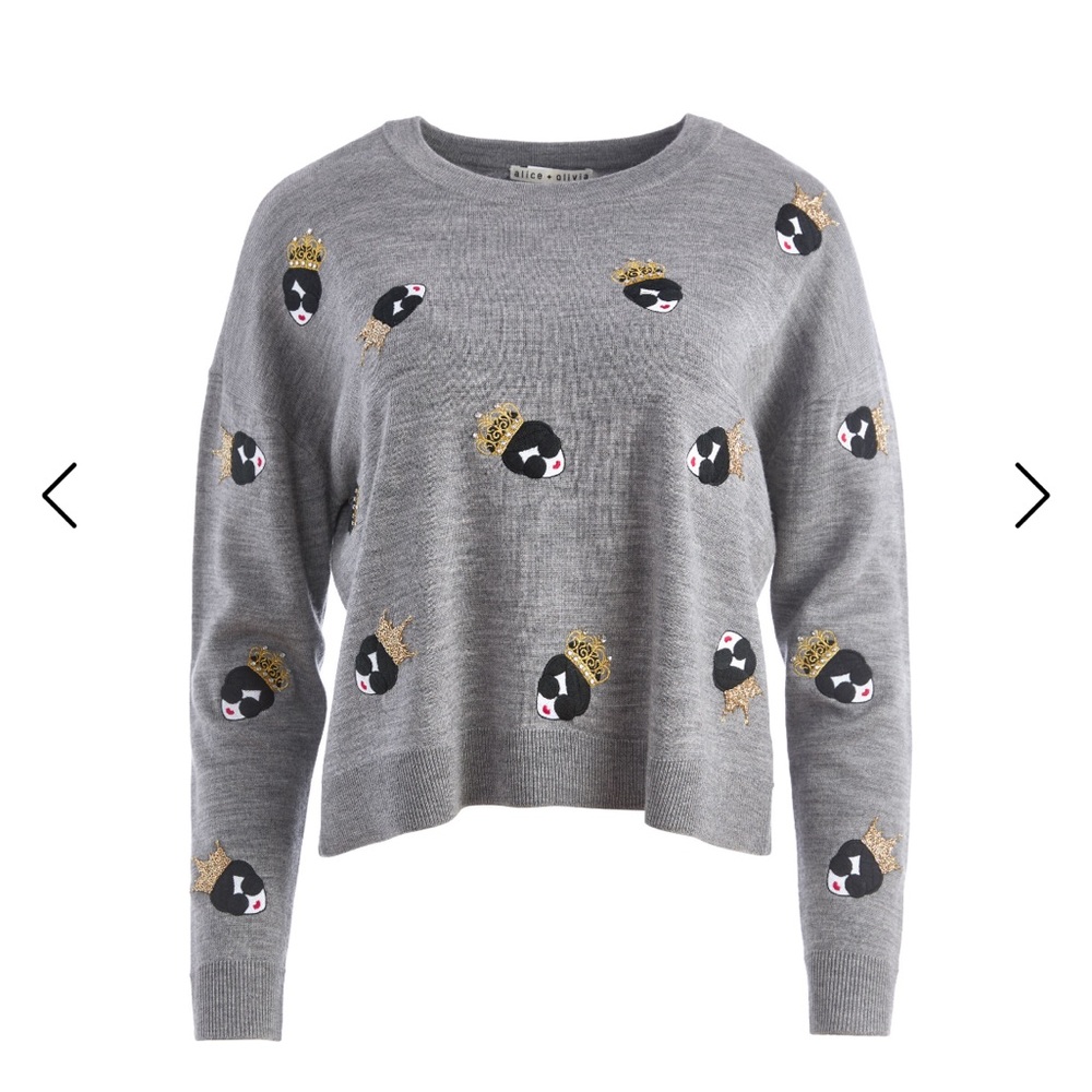 NWT Alice + Olivia Gleeson embellished sweater jumper pullover crew neck grey